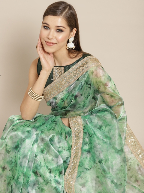 

Tikhi Imli Green & White Tie and Dye Sequinned Organza Saree