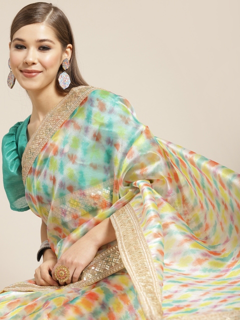

Tikhi Imli Beige & Orange Tie and Dye Sequinned Organza Saree