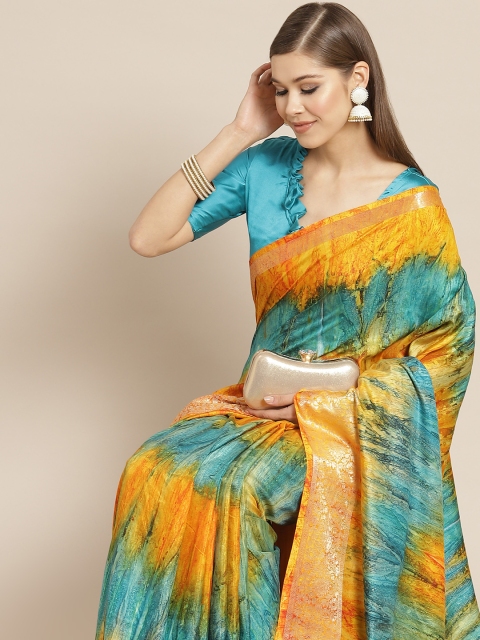 

Tikhi Imli Mustard Yellow & Blue Tie and Dye Saree