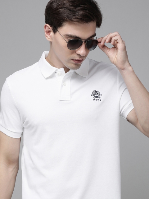 

U.S. Polo Assn. Men White Solid Pure Cotton Polo Collar T-shirt
