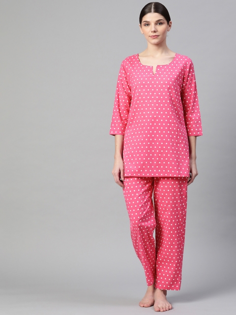 

Divena Women Pink & White Polka Dots Printed Pure Cotton Night suit