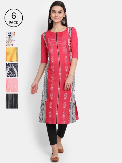 

7Threads Women Pack of 6 Multicoloured Printed Straight Crepe Kurtas, Multi