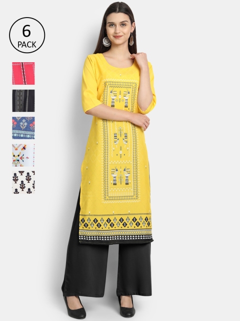 

7Threads Women Set of 6 Multi Printed Crepe Kurtas