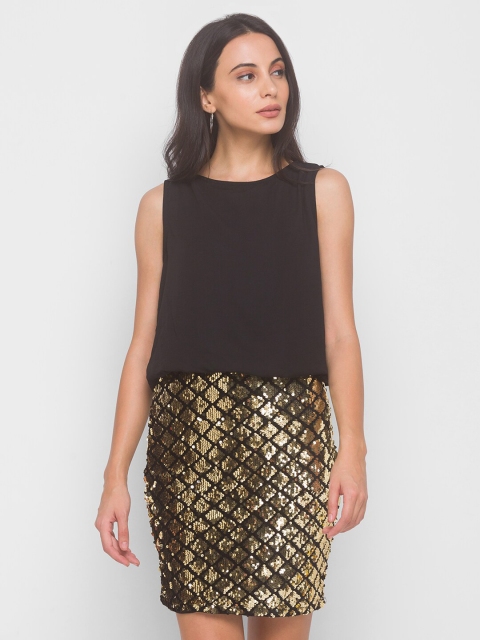 

LYKKEIN Brown & Gold-Toned Embellished Sheath Dress