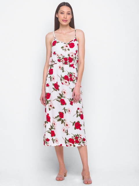

LYKKEIN White & Red Floral A-Line Midi Dress