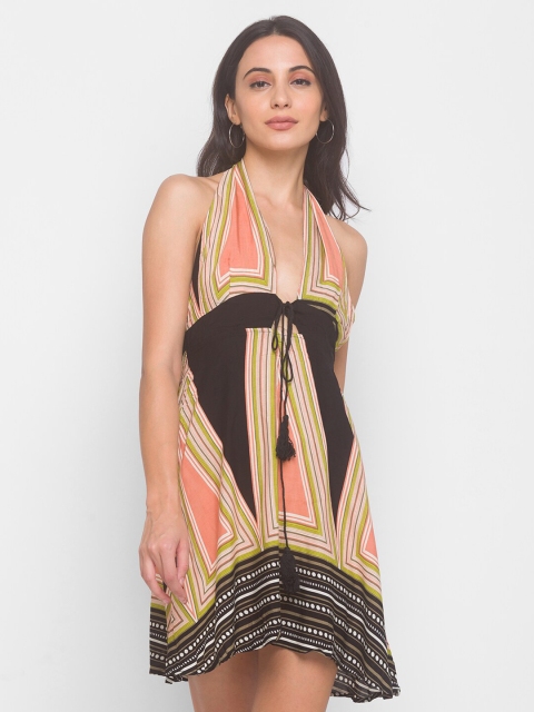 

LYKKEIN Beige & Pink Halter Neck A-Line Dress