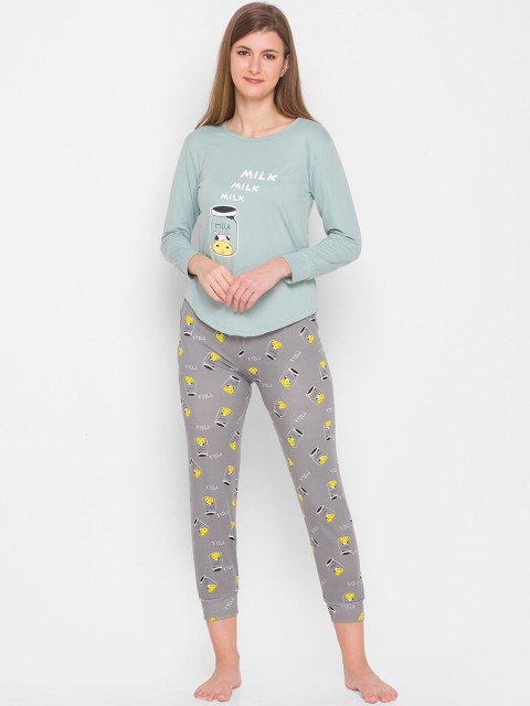 

LYKKEIN Women Grey & Blue Printed Night Suit