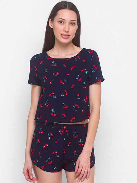 

LYKKEIN Women Navy Blue & Red Cherry Printed Night Suit