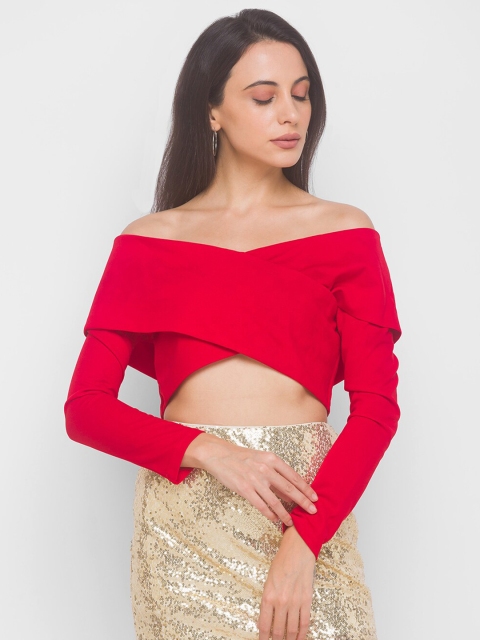 

LYKKEIN Red Off-Shoulder Bardot Crop Top