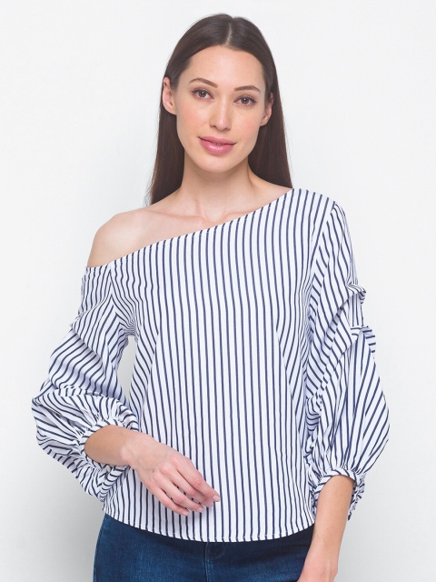 

LYKKEIN Woman Multicoloured Gathered Lantern Sleeve Striped One Shoulder Top, Multi
