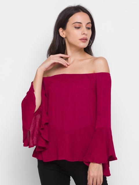 

LYKKEIN Women Burgundy Off-Shoulder Bardot Top