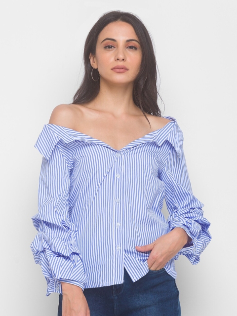 

LYKKEIN Blue & White Striped Off-Shoulder Bardot Top