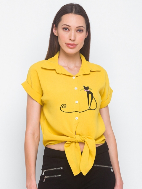 

LYKKEIN Yellow & Black Embroidered Extended Sleeves Shirt Style Top