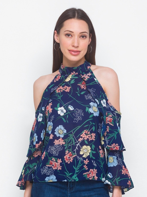 

LYKKEIN Navy Blue & Green Floral Print Regular Top