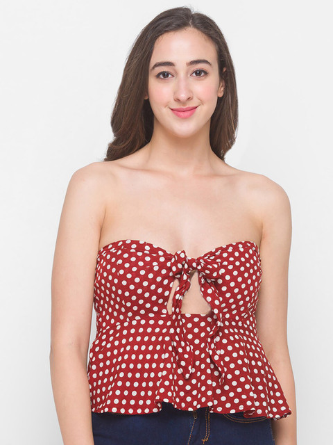 

LYKKEIN Woman Maroon Polka Dot Print Peplum Bandeau Top