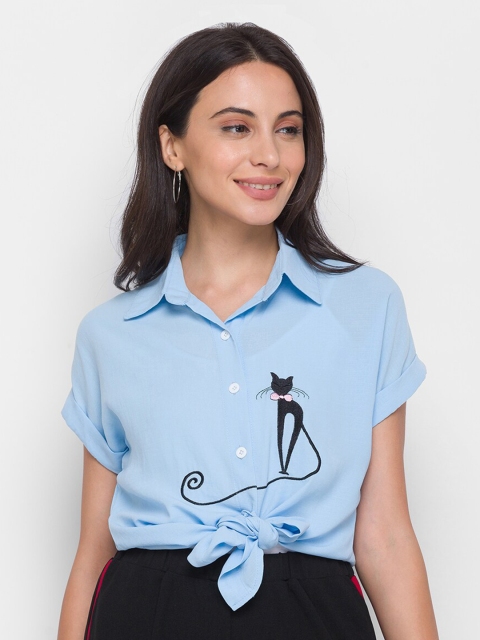

LYKKEIN Women Blue Shirt Style Cat Embroidery Knotted Hem Top