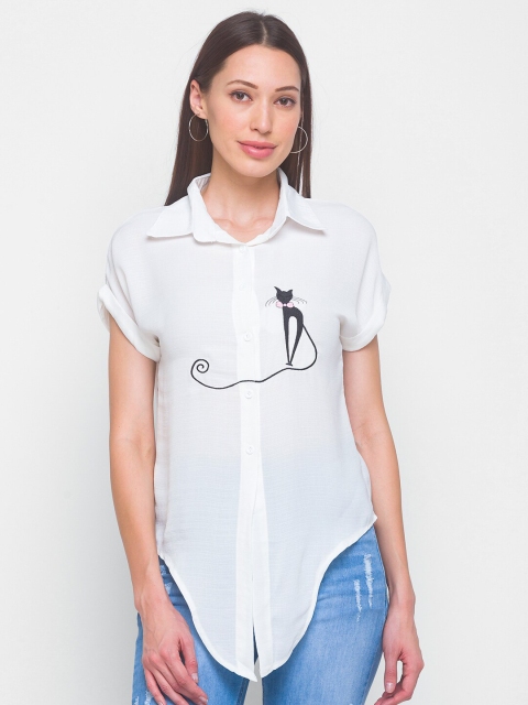 

LYKKEIN White & Black Embroidered Tie Hem Shirt Style Top