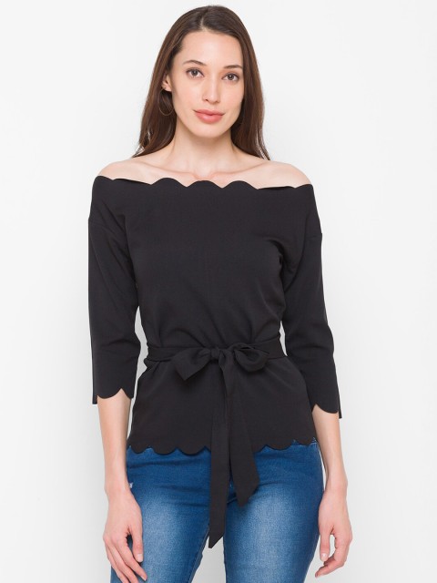 

LYKKEIN Black Off-Shoulder Scallop Trim Belted Bardot Top