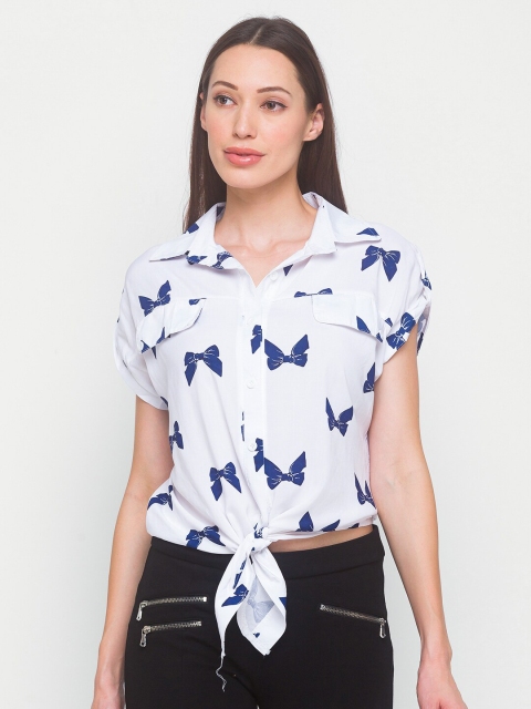 

LYKKEIN White & Navy Blue Print Extended Sleeves Shirt Style Crop Top