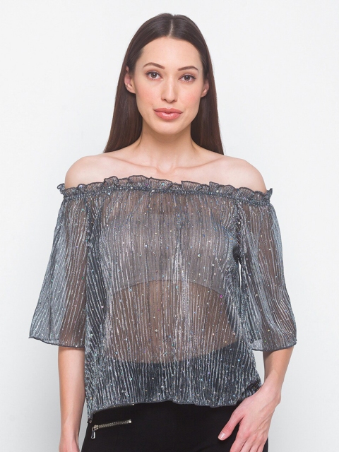 

LYKKEIN Women Grey Embellished Off-Shoulder Bardot Top
