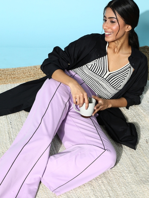 

ANWAIND Women Elegant Lavender Striped Kick Flared Lounge Pants