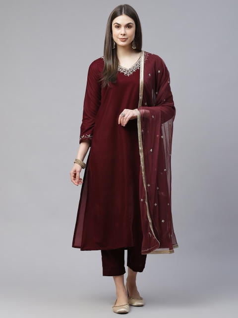 

Divena Women Maroon Yoke Design Velvet Kurta with Trousers & Dupatta