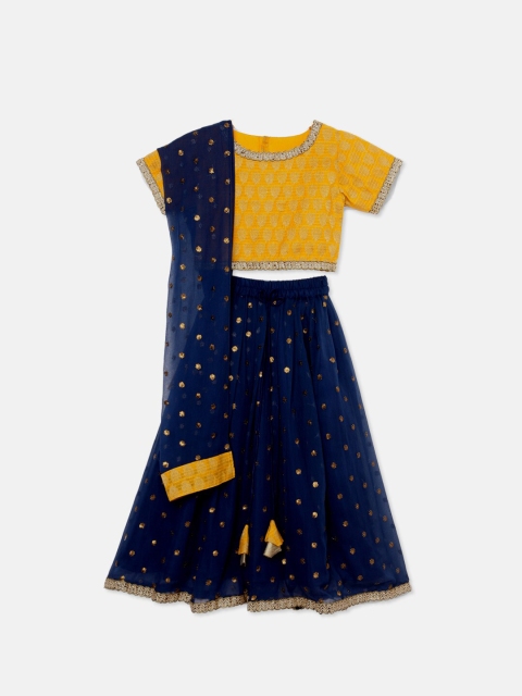 

SALWAR STUDIO Girls Yellow & Navy Blue Ready to Wear Lehenga & Blouse With Dupatta