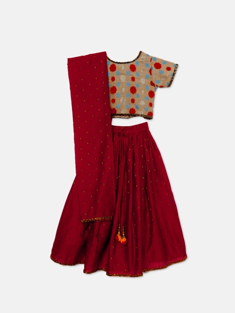 

SALWAR STUDIO Girls Beige & Red Ready to Wear Lehenga & Blouse With Dupatta