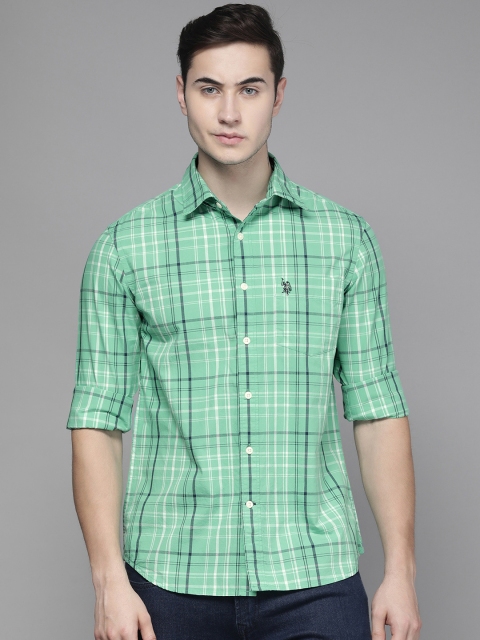 

U S Polo Assn Men Green Tailored Fit Checked Pure Cotton Casual Shirt