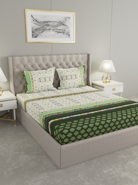 

Raymond Home White & Green Ethnic Motifs 200 TC King Bedsheet with 2 Pillow Covers