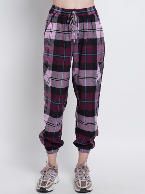 

WESTCLO Women Purple Checked Pure Cotton Joggers