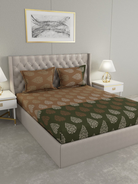 

Raymond Home Green & Brown Ethnic Motifs 140 TC King Bedsheet with 2 Pillow Covers