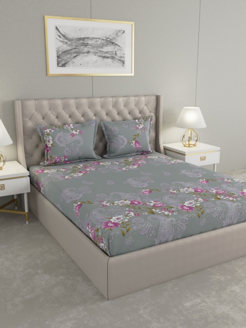 

Raymond Home Grey & Pink Floral 140 TC King Bedsheet with 2 Pillow Covers