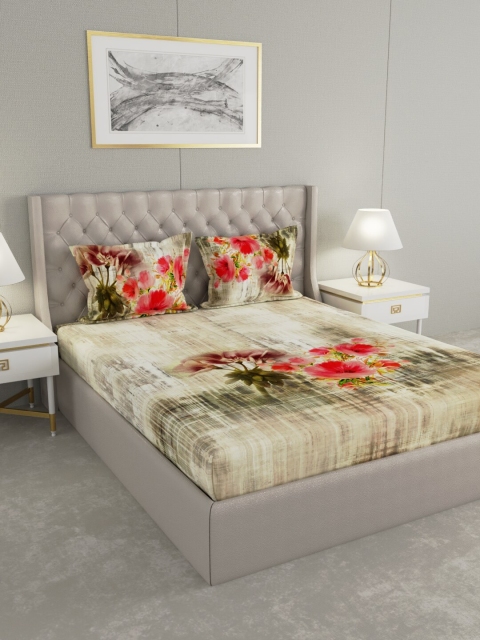 

Raymond Home Cream-Coloured & Red Floral 300 TC King Bedsheet with 2 Pillow Covers