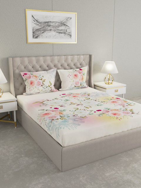 

Raymond Home White & Multicoloured Floral 300 TC King Bedsheet with 2 Pillow Covers