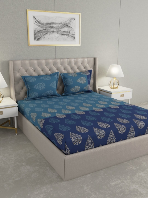 

Raymond Home Turquoise Blue & Navy Blue 140 TC Cotton King Bedsheet with 2 Pillow Covers