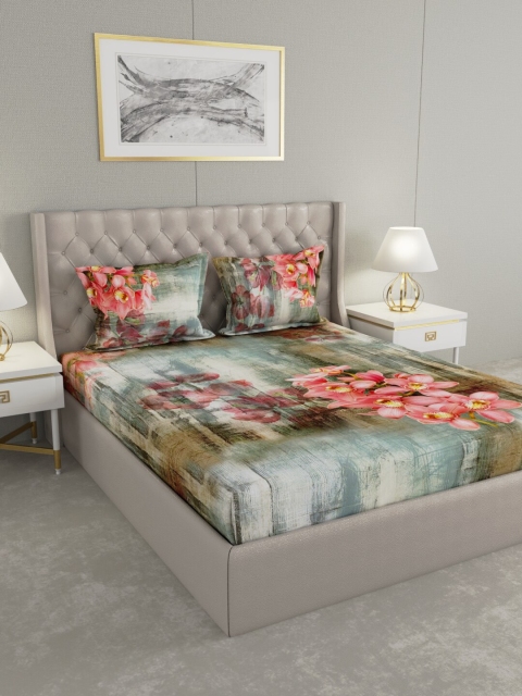 

Raymond Home Blue & Pink Floral 300 TC King Bedsheet with 2 Pillow Covers