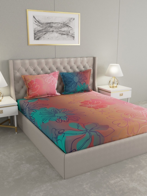 

Raymond Home Blue & Peach-Coloured Floral 300 TC King Bedsheet with 2 Pillow Covers