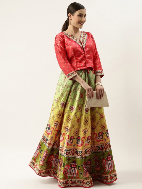

LADUSAA Pink & Yellow Printed Tie and Dye Semi-Stitched Lehenga & Unstitched Lehenga Choli
