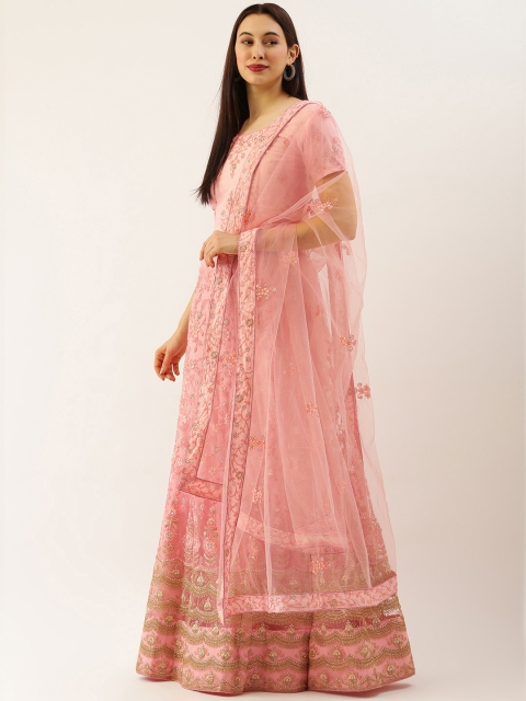 

LADUSAA Pink Embroidered Semi-Stitched Lehenga & Unstitched Blouse With Dupatta
