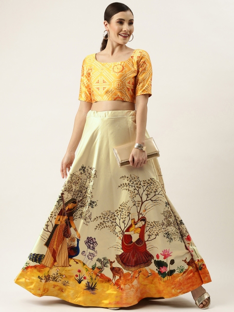 

LADUSAA Yellow Kalamkari Printed Semi-Stitched Lehenga & Unstitched Choli