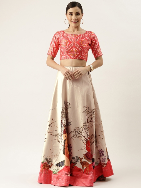 

LADUSAA Pink & Beige Kalamkari Printed Kalamkari Semi-Stitched Lehenga & Unstitched Choli