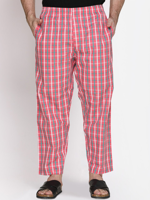 

Obaan Men Coral Red & White Checked Pure Cotton Lounge Pants