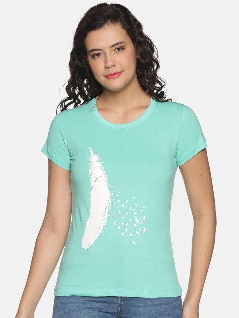 

OBOW Women Sea Green & White Printed Bio Finish Pure Cotton T-shirt