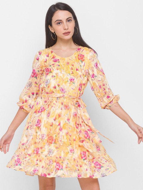 

Globus Women Yellow & Pink Floral Fit & Flare Cascade Detail Tiered Dress