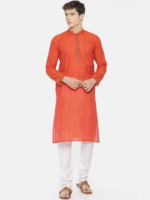 

PAROKSH Men Red & Orange Striped Striped Straight Kurta