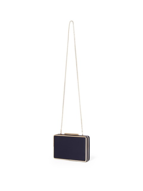 

Forever New Navy Blue & Gold-Toned Solid Box Clutch With Metal Strap