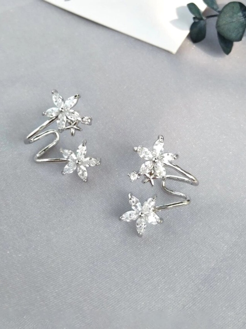 

Yellow Chimes Woman Silver-Toned Flower Curved Ear Cuff Stud Earrings