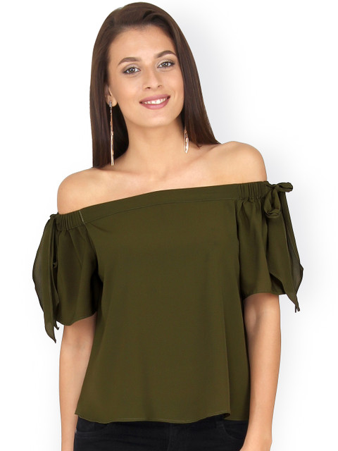 

20Dresses Women Olive Green Solid Crepe Off-Shoulder Top