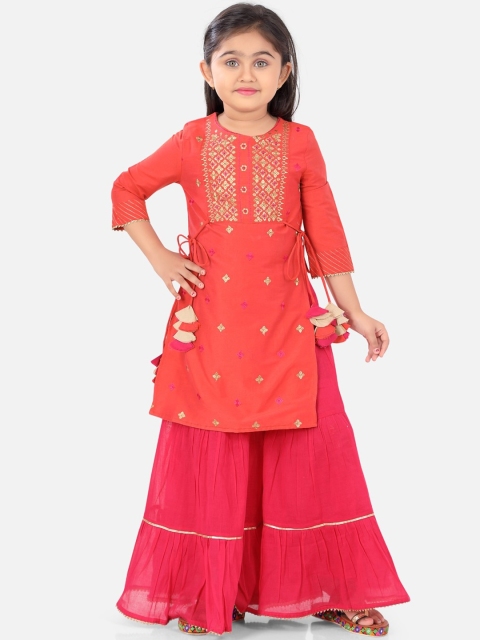 

Ashneeta Girls Orange Ethnic Motifs Embroidered Kurta with Sharara & Dupatta